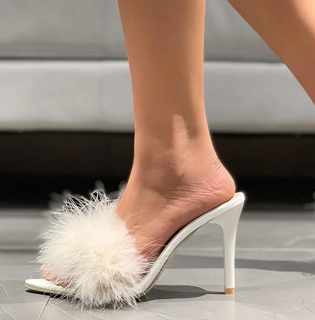 Women's Fur Heels, Pointed Toe Feather Sandals Fluffy Mules for Lingerie Wedding Bridal Party