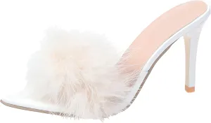 Women's Fur Heels, Pointed Toe Feather Sandals Fluffy Mules for Lingerie Wedding Bridal Party