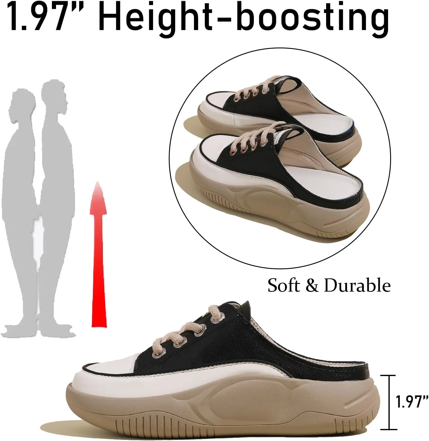 Women's Genuine Leather Closed Toe Slip-On Clog Shoes Comfort Round Toe Lace Up Casual Increase Height Mules Wear-Resistant Platform Summer Outdoor Walking Sneakers