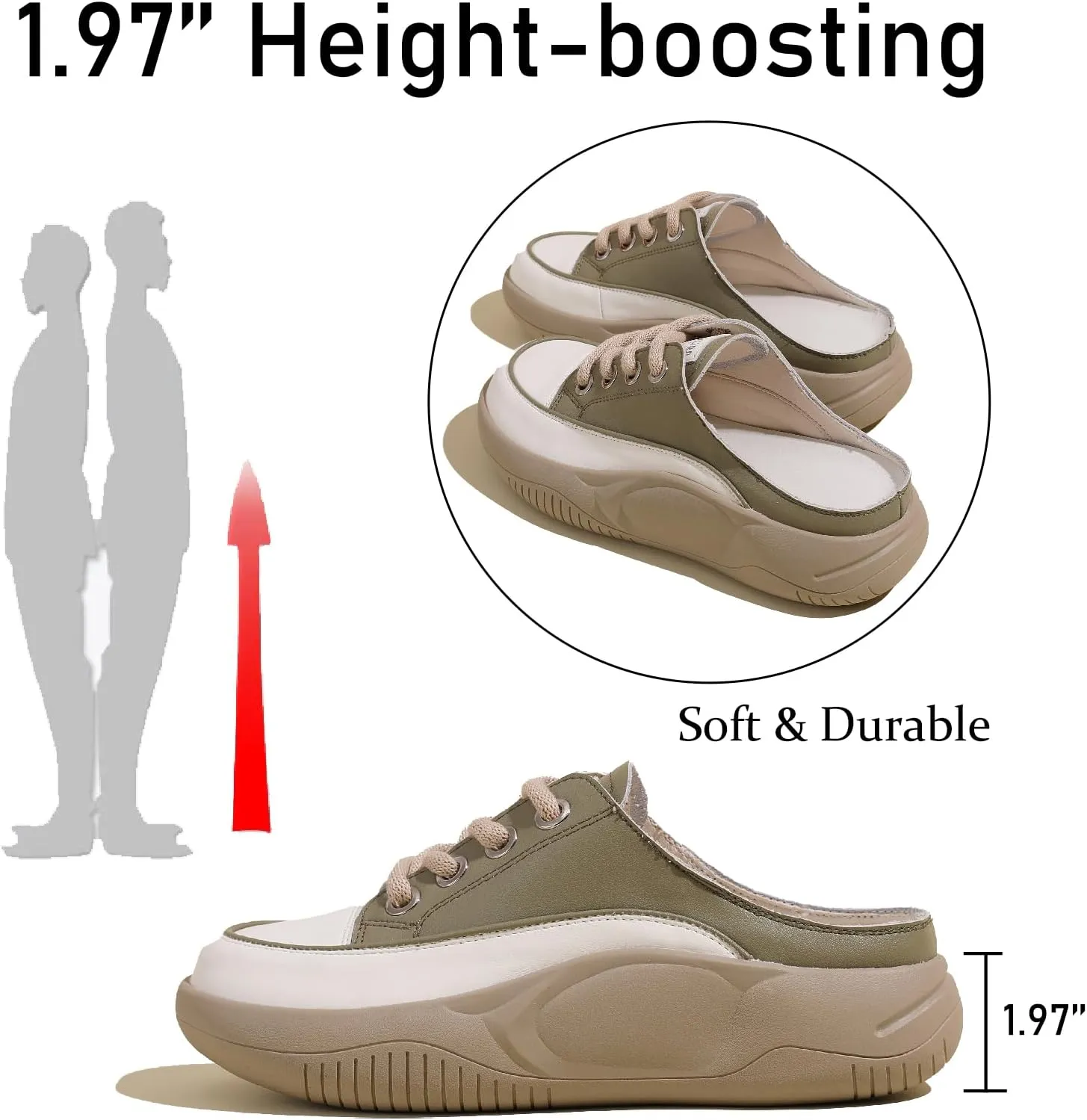 Women's Genuine Leather Closed Toe Slip-On Clog Shoes Comfort Round Toe Lace Up Casual Increase Height Mules Wear-Resistant Platform Summer Outdoor Walking Sneakers