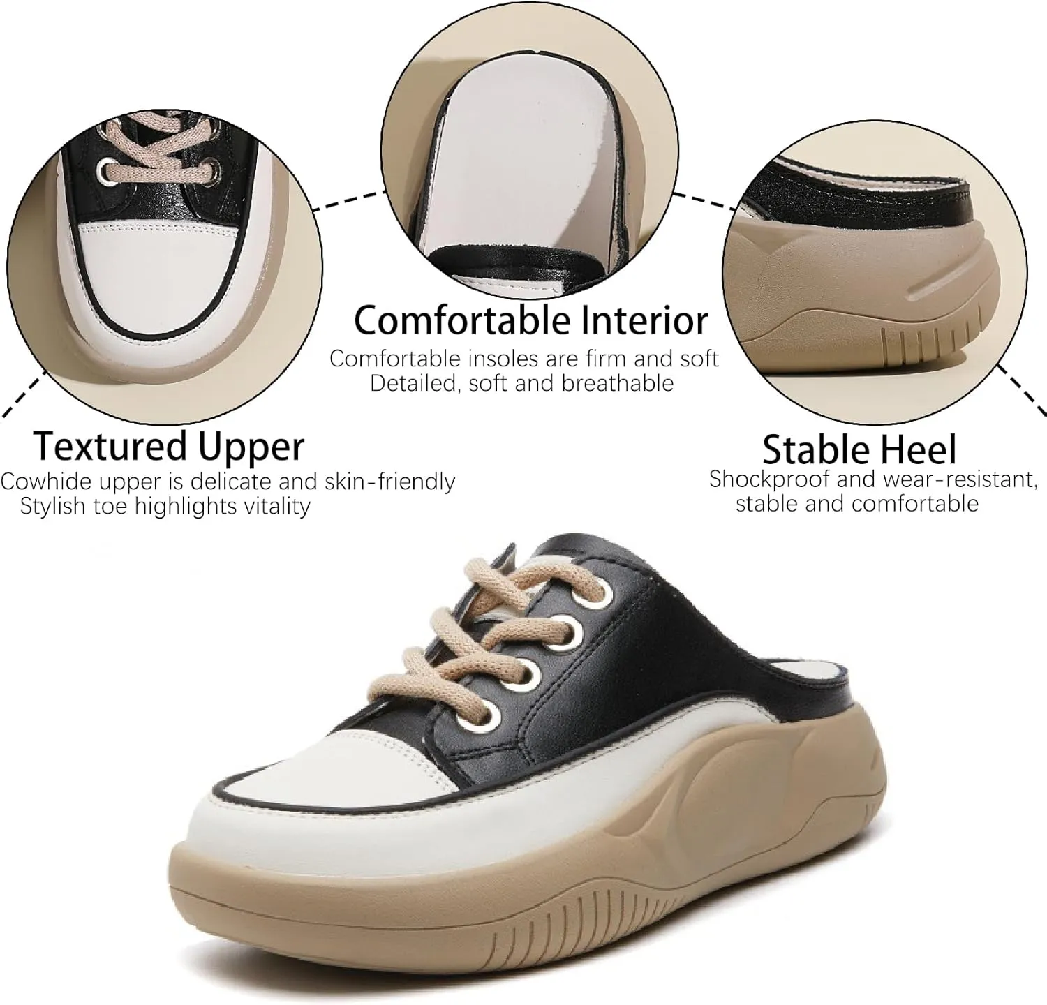 Women's Genuine Leather Closed Toe Slip-On Clog Shoes Comfort Round Toe Lace Up Casual Increase Height Mules Wear-Resistant Platform Summer Outdoor Walking Sneakers
