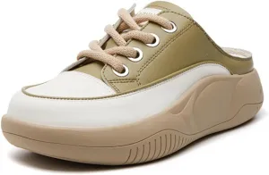 Women's Genuine Leather Closed Toe Slip-On Clog Shoes Comfort Round Toe Lace Up Casual Increase Height Mules Wear-Resistant Platform Summer Outdoor Walking Sneakers