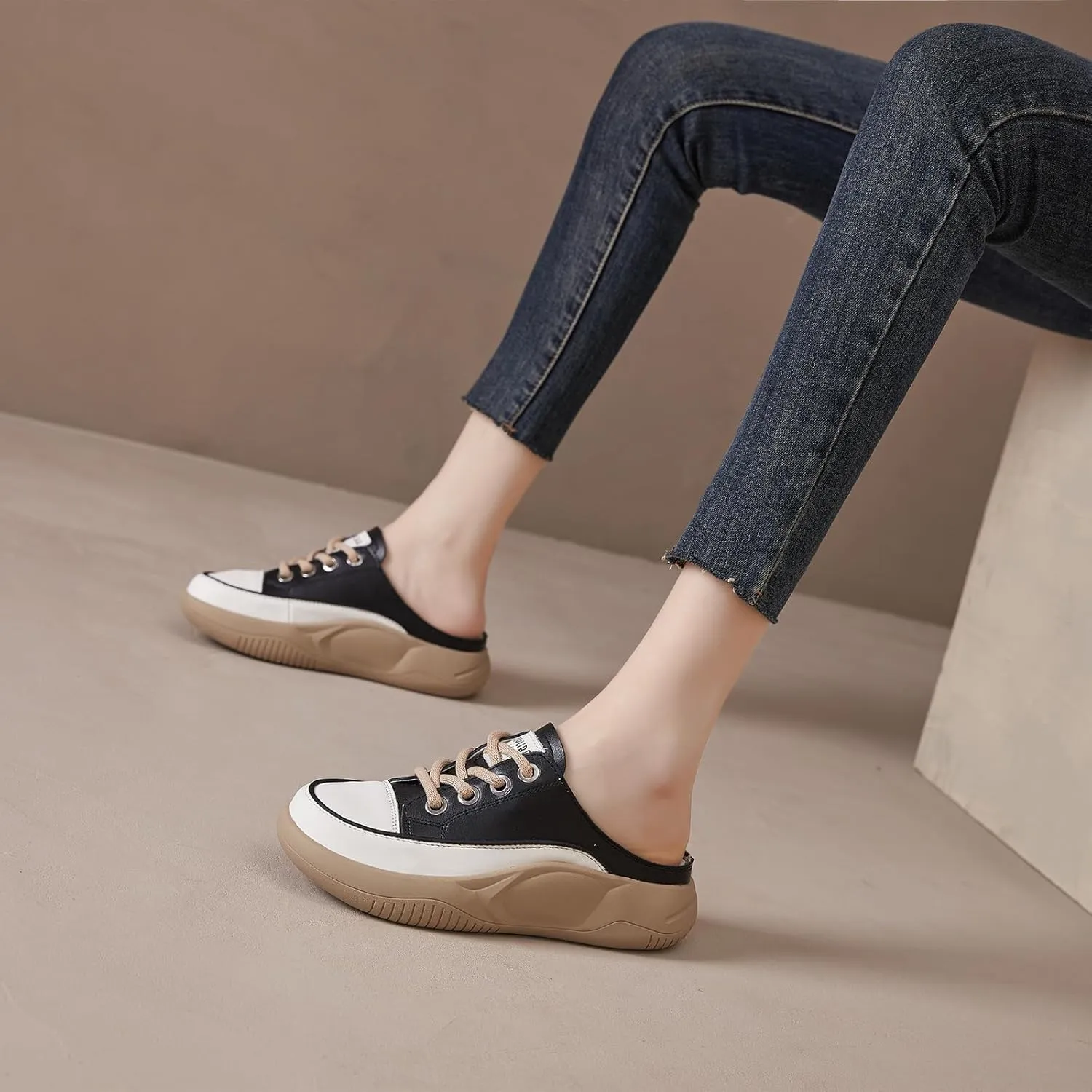 Women's Genuine Leather Closed Toe Slip-On Clog Shoes Comfort Round Toe Lace Up Casual Increase Height Mules Wear-Resistant Platform Summer Outdoor Walking Sneakers