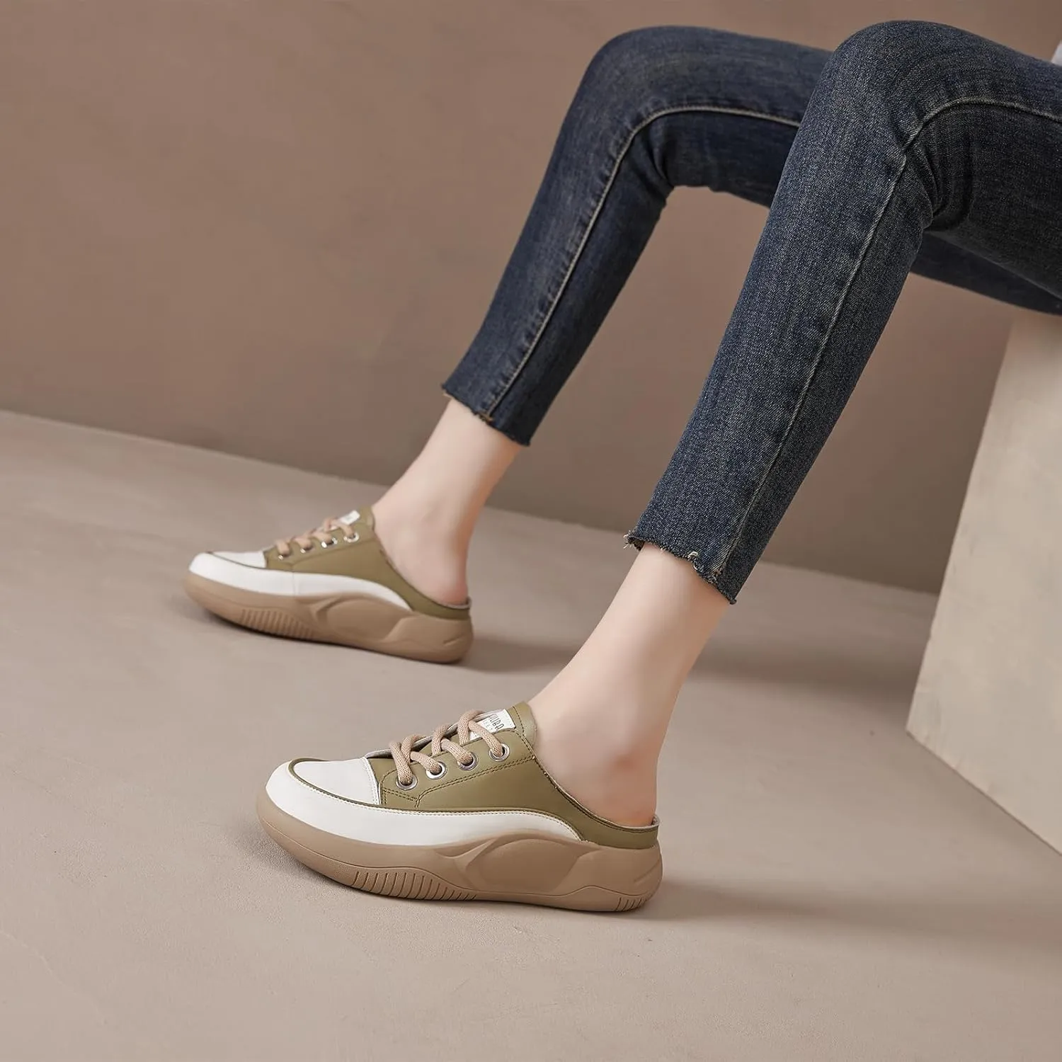 Women's Genuine Leather Closed Toe Slip-On Clog Shoes Comfort Round Toe Lace Up Casual Increase Height Mules Wear-Resistant Platform Summer Outdoor Walking Sneakers