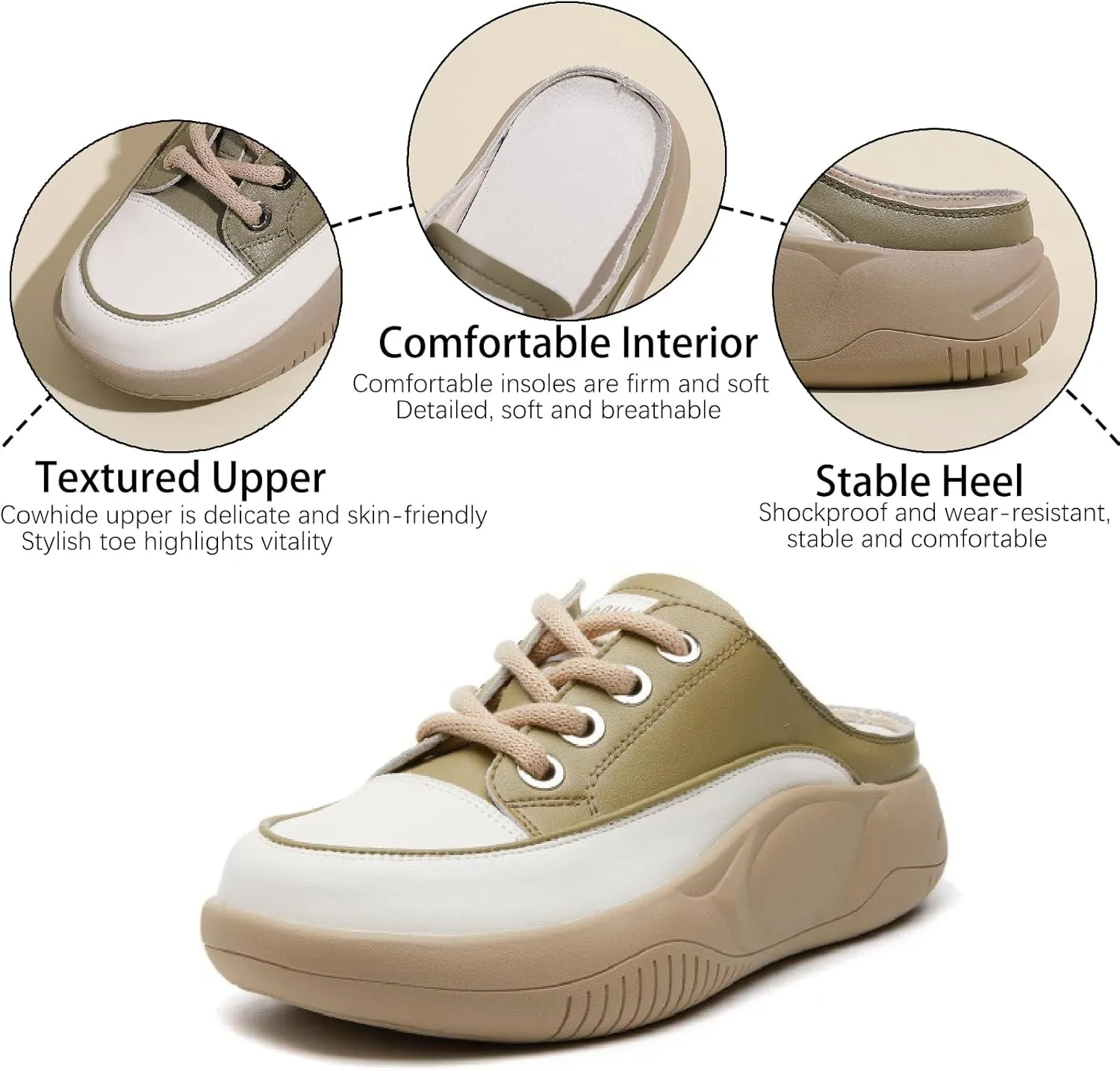 Women's Genuine Leather Closed Toe Slip-On Clog Shoes Comfort Round Toe Lace Up Casual Increase Height Mules Wear-Resistant Platform Summer Outdoor Walking Sneakers