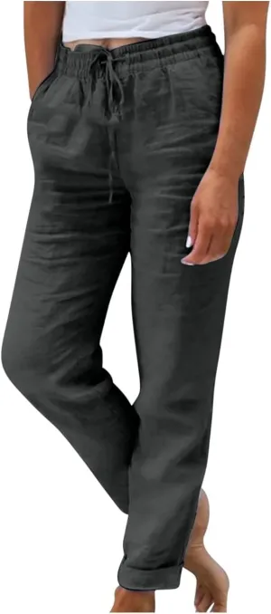 Women's High Waist Elastic Waist Lounge Pant Solid Color Cotton Linen Casual Pant Lightweight Thin Beach Trousers