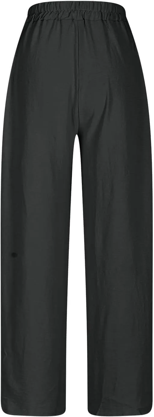 Women's High Waist Elastic Waist Lounge Pant Solid Color Cotton Linen Casual Pant Lightweight Thin Beach Trousers