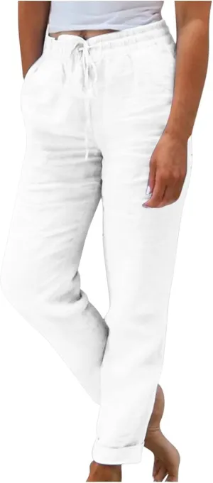 Women's High Waist Elastic Waist Lounge Pant Solid Color Cotton Linen Casual Pant Lightweight Thin Beach Trousers