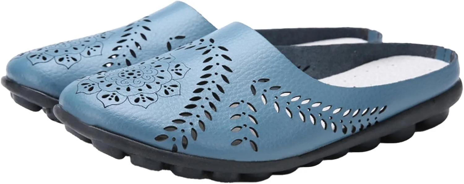 Womens Hollow Breathable Casual Mule Sandals Slip On Flat Loafers Outdoor Comfort Backless Slippers Hollow Slides Casual All-Match Summer Shoes