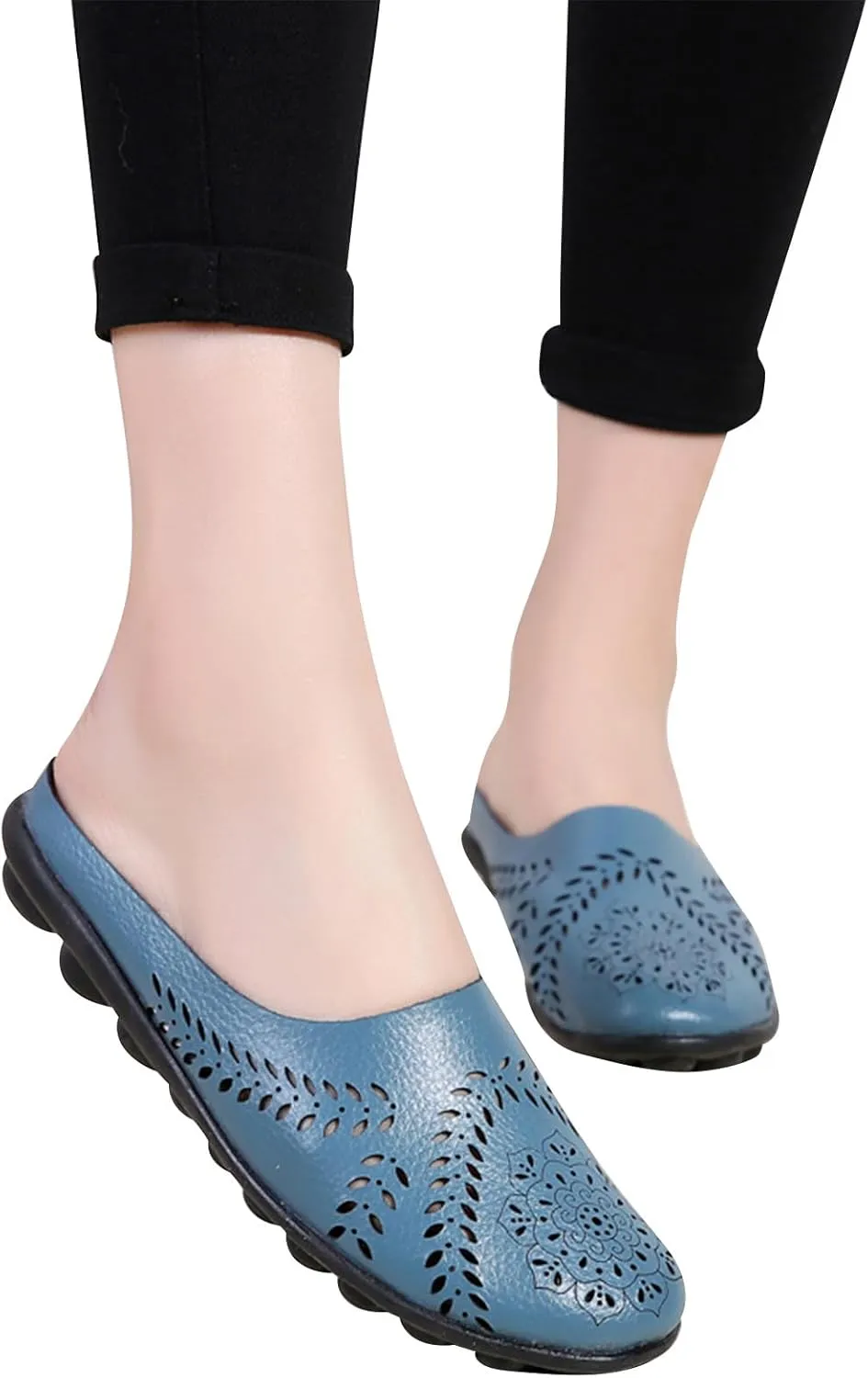 Womens Hollow Breathable Casual Mule Sandals Slip On Flat Loafers Outdoor Comfort Backless Slippers Hollow Slides Casual All-Match Summer Shoes