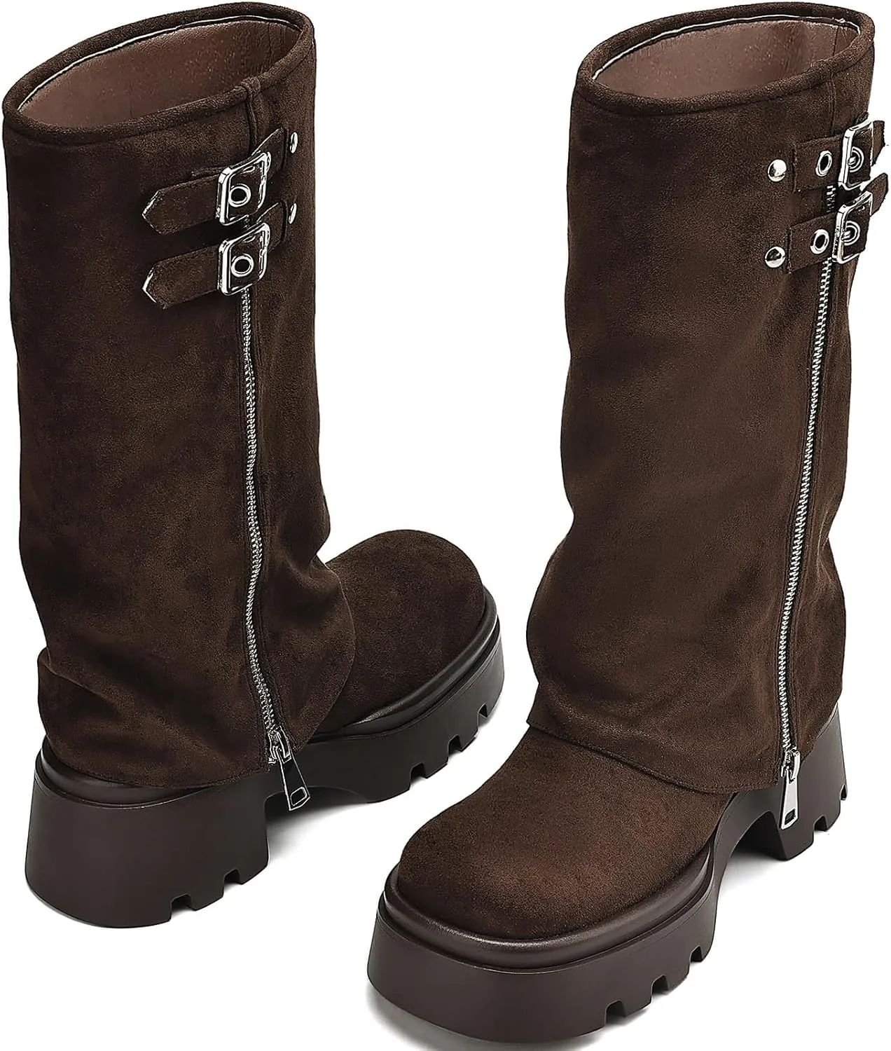 Women's Knee High Boots Comfortable Platform Round Toe Moto Boots Buckle Dress Fold Over Boots for Women
