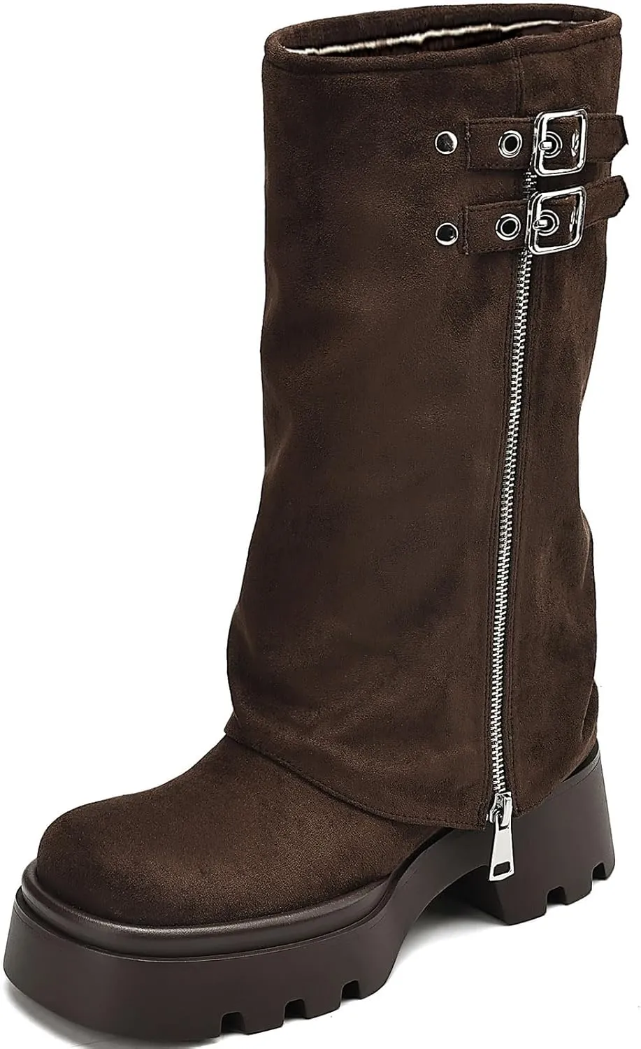 Women's Knee High Boots Comfortable Platform Round Toe Moto Boots Buckle Dress Fold Over Boots for Women