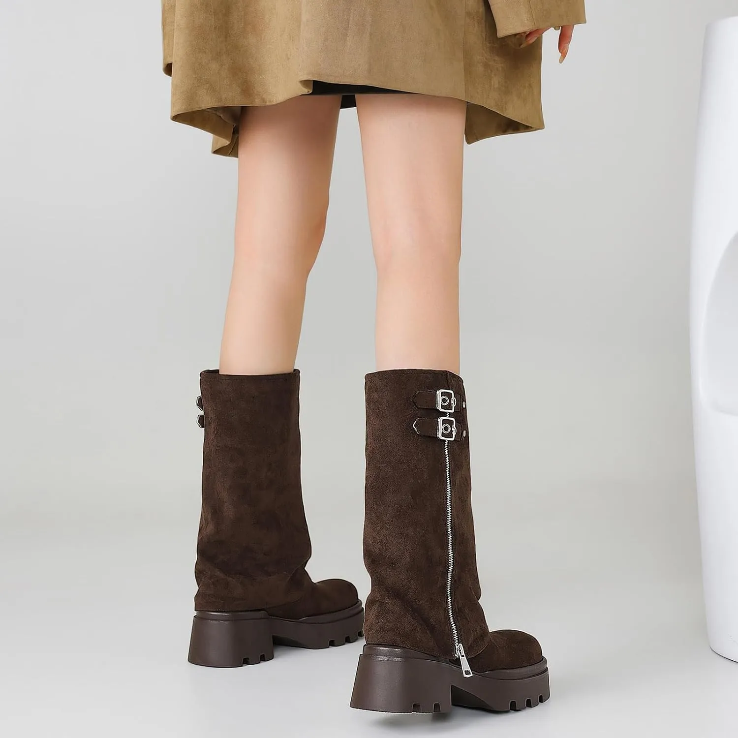 Women's Knee High Boots Comfortable Platform Round Toe Moto Boots Buckle Dress Fold Over Boots for Women