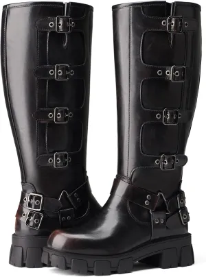 Women's Knee High Riding Boots with Side Zipper - Chunky Platform Motorcycle Boots for Women