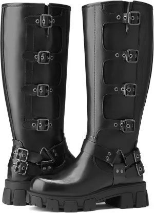 Women's Knee High Riding Boots with Side Zipper - Chunky Platform Motorcycle Boots for Women