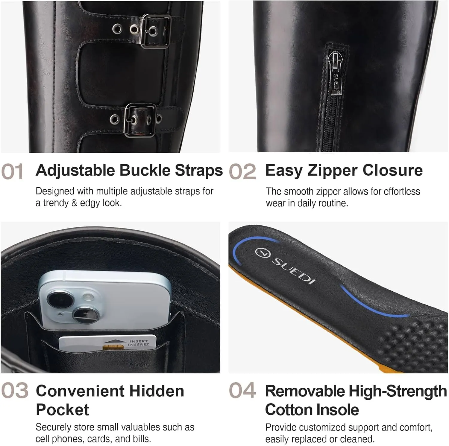 Women's Knee High Riding Boots with Side Zipper - Chunky Platform Motorcycle Boots for Women