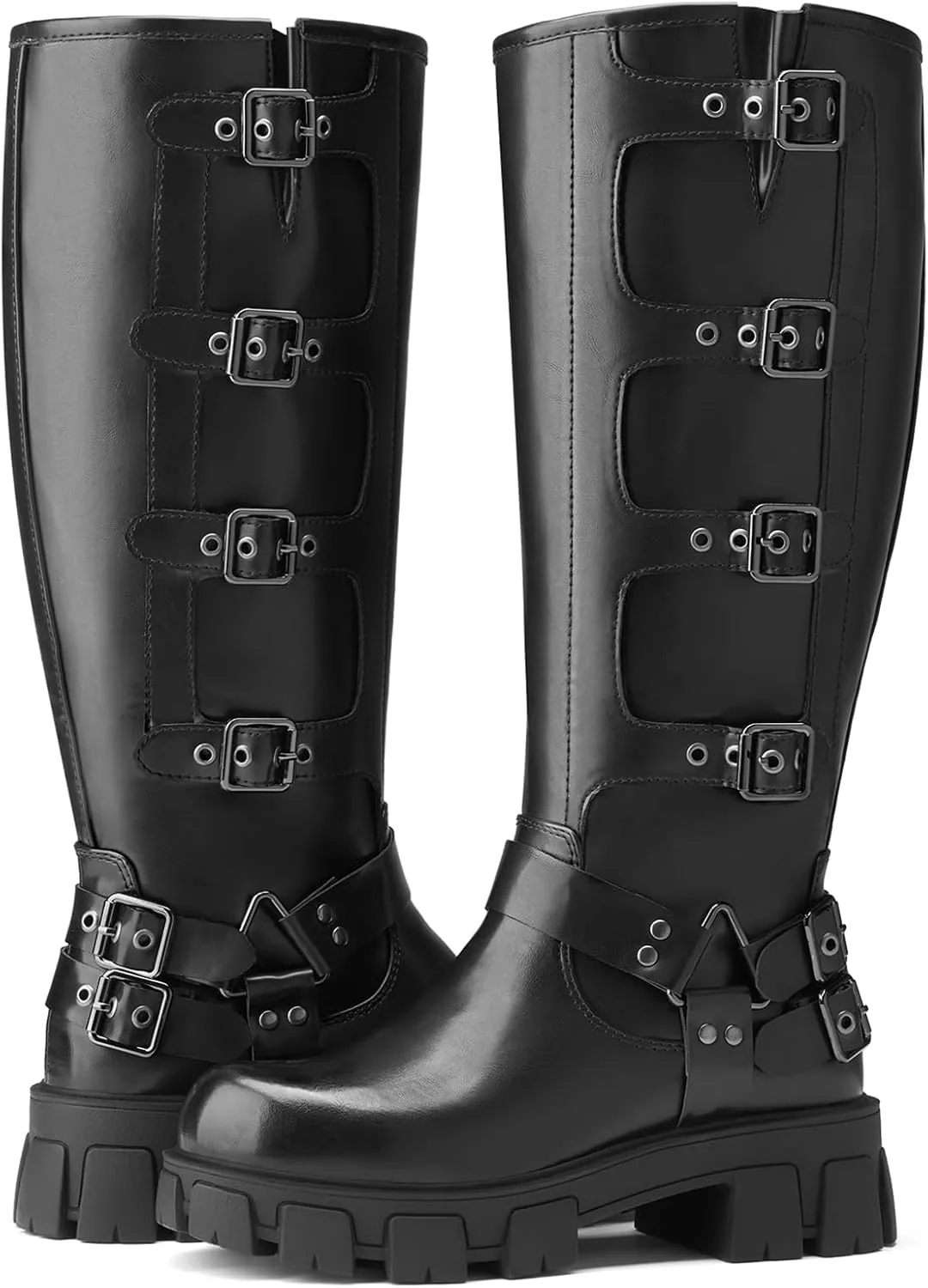 Women's Knee High Riding Boots with Side Zipper - Chunky Platform Motorcycle Boots for Women