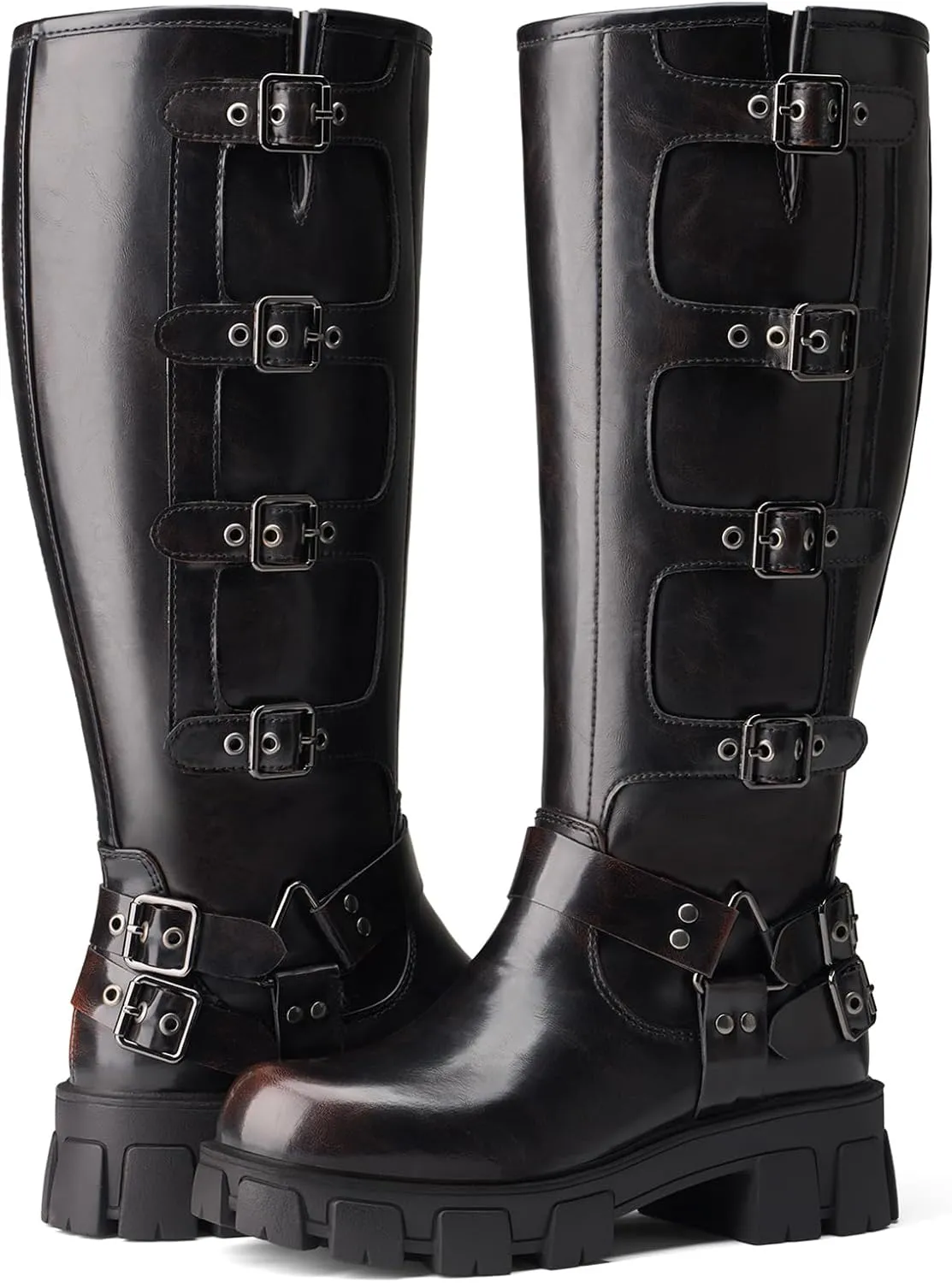 Women's Knee High Riding Boots with Side Zipper - Chunky Platform Motorcycle Boots for Women