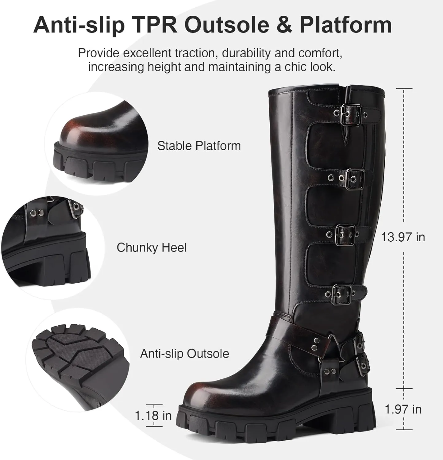 Women's Knee High Riding Boots with Side Zipper - Chunky Platform Motorcycle Boots for Women