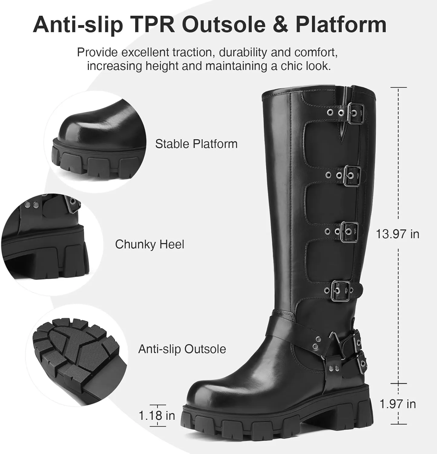 Women's Knee High Riding Boots with Side Zipper - Chunky Platform Motorcycle Boots for Women