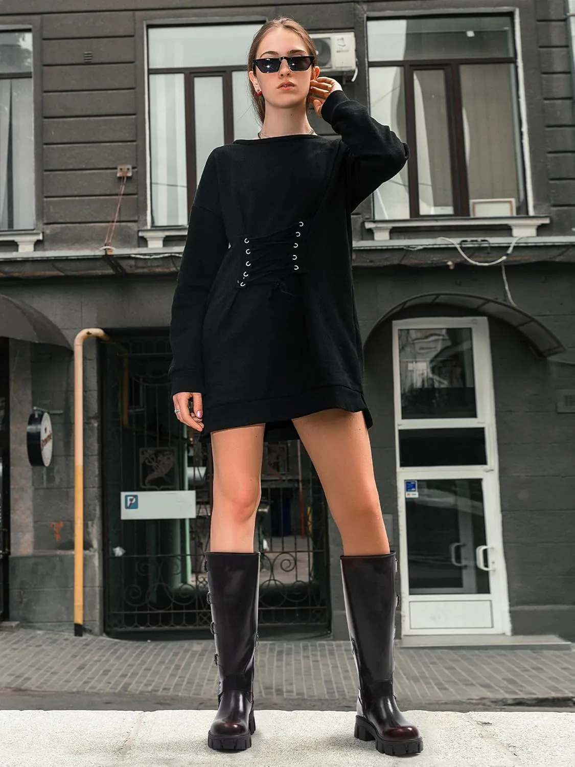 Women's Knee High Riding Boots with Side Zipper - Chunky Platform Motorcycle Boots for Women