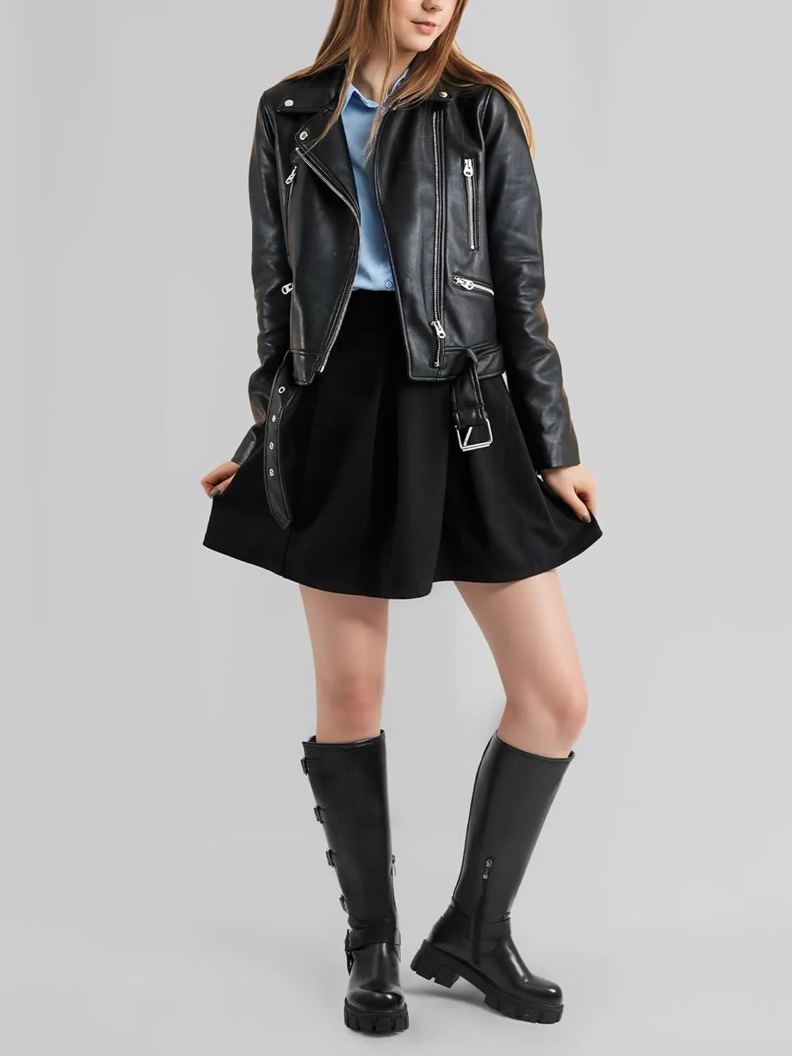 Women's Knee High Riding Boots with Side Zipper - Chunky Platform Motorcycle Boots for Women