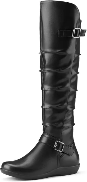 Women's Knee High Slouchy Boots Flat Tall Boots for Women Pull On Fall Boots with Side Zipper