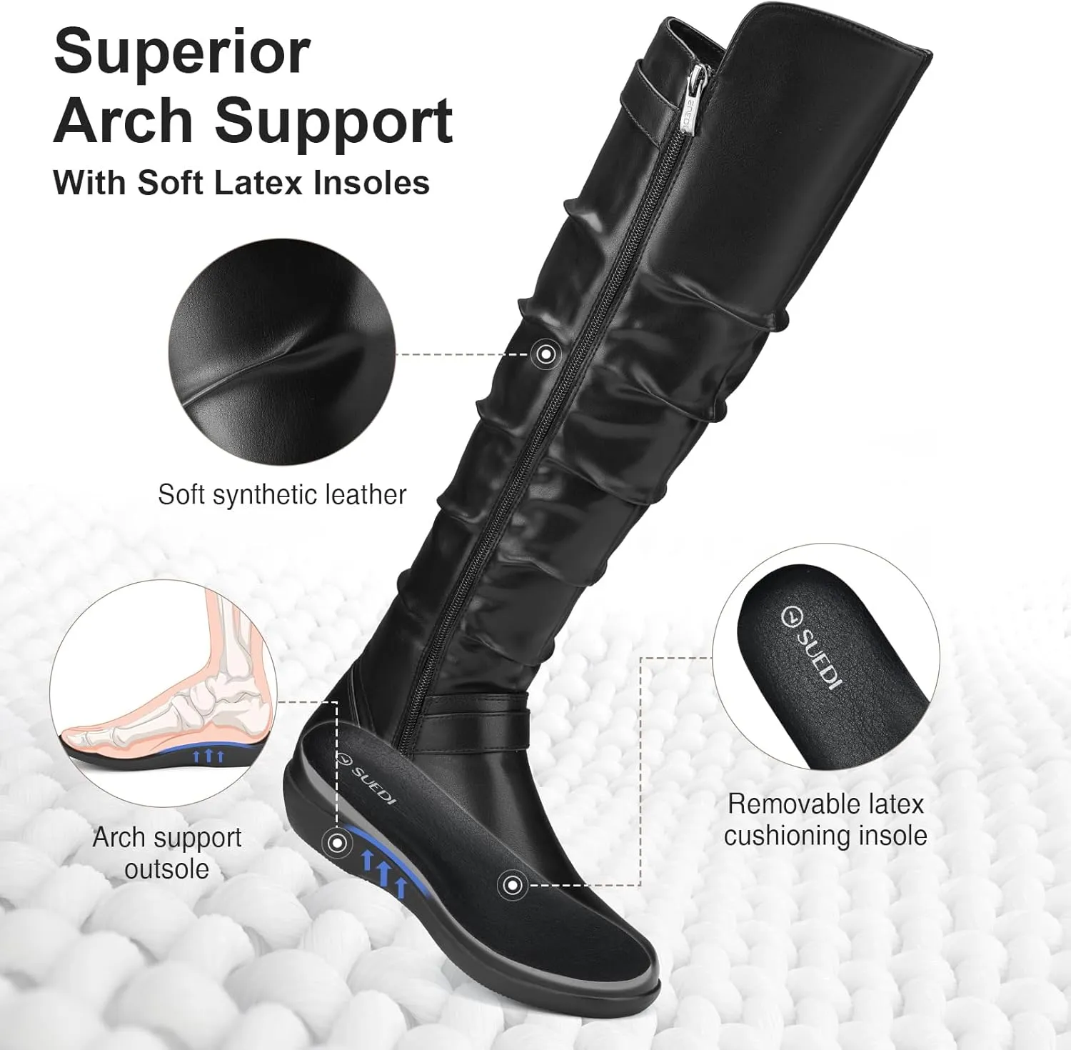Women's Knee High Slouchy Boots Flat Tall Boots for Women Pull On Fall Boots with Side Zipper