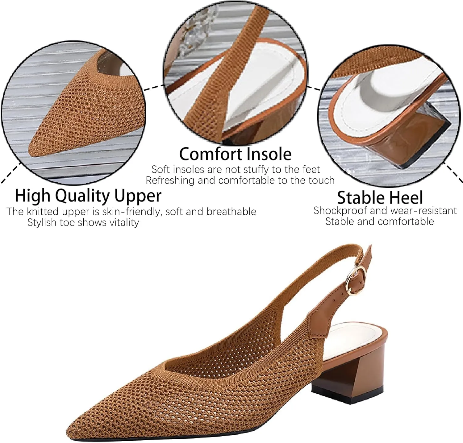 Women's Knit Mesh Slingback Heels Pumps with Adjust Ankle Strap Fashion Closed Pointed Toe Comfortable Chunky Heel Mules Sandals Work Office Wedding Dressy Shoes