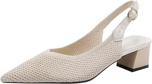 Women's Knit Mesh Slingback Heels Pumps with Adjust Ankle Strap Fashion Closed Pointed Toe Comfortable Chunky Heel Mules Sandals Work Office Wedding Dressy Shoes