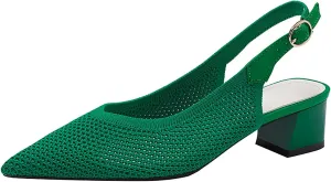 Women's Knit Mesh Slingback Heels Pumps with Adjust Ankle Strap Fashion Closed Pointed Toe Comfortable Chunky Heel Mules Sandals Work Office Wedding Dressy Shoes