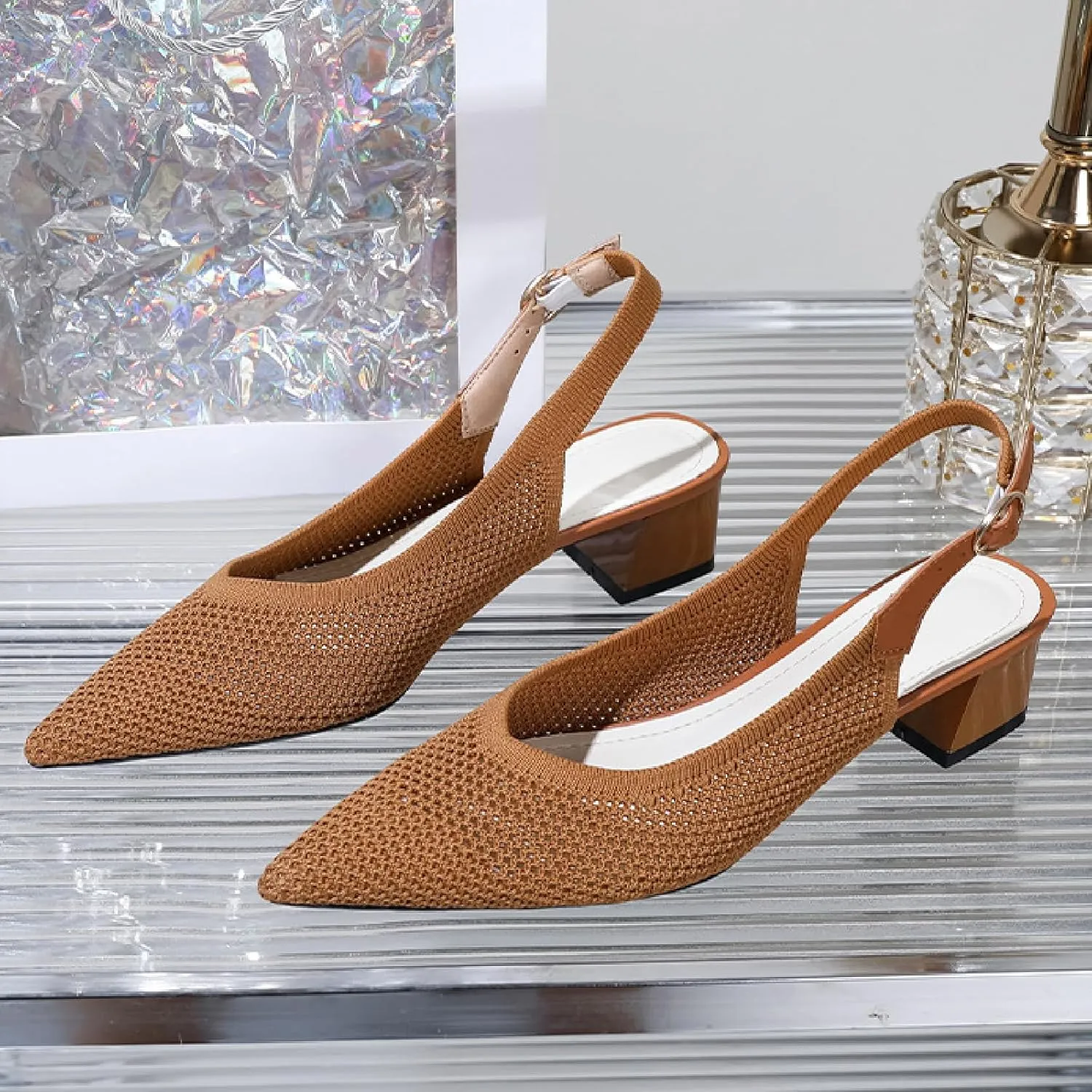 Women's Knit Mesh Slingback Heels Pumps with Adjust Ankle Strap Fashion Closed Pointed Toe Comfortable Chunky Heel Mules Sandals Work Office Wedding Dressy Shoes