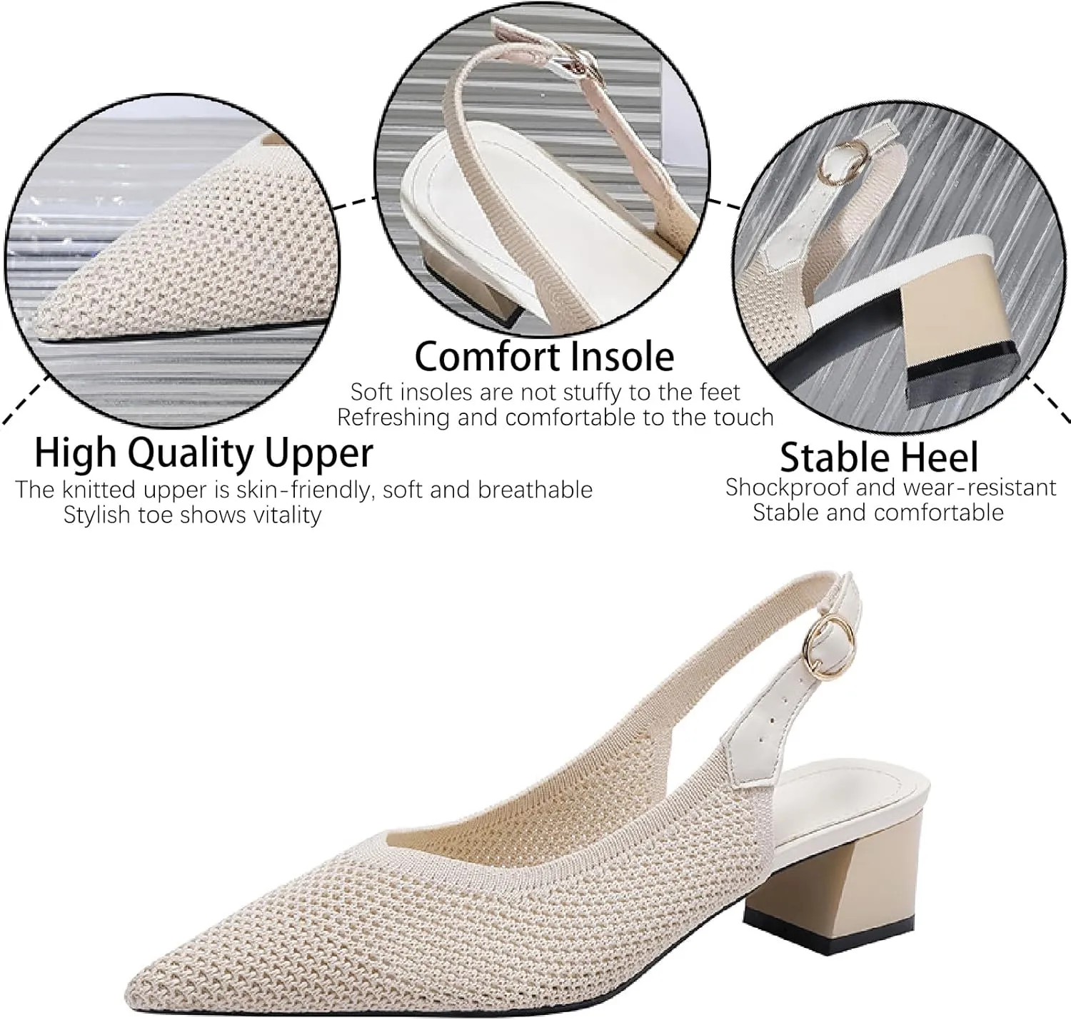 Women's Knit Mesh Slingback Heels Pumps with Adjust Ankle Strap Fashion Closed Pointed Toe Comfortable Chunky Heel Mules Sandals Work Office Wedding Dressy Shoes