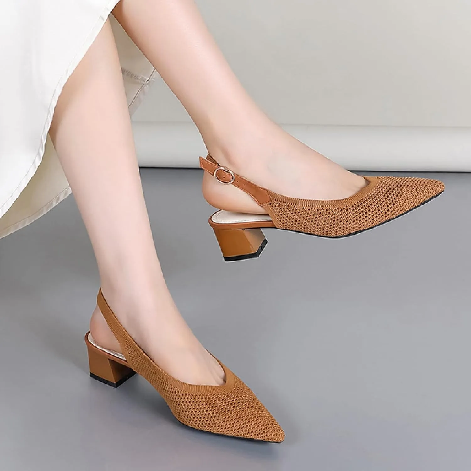 Women's Knit Mesh Slingback Heels Pumps with Adjust Ankle Strap Fashion Closed Pointed Toe Comfortable Chunky Heel Mules Sandals Work Office Wedding Dressy Shoes