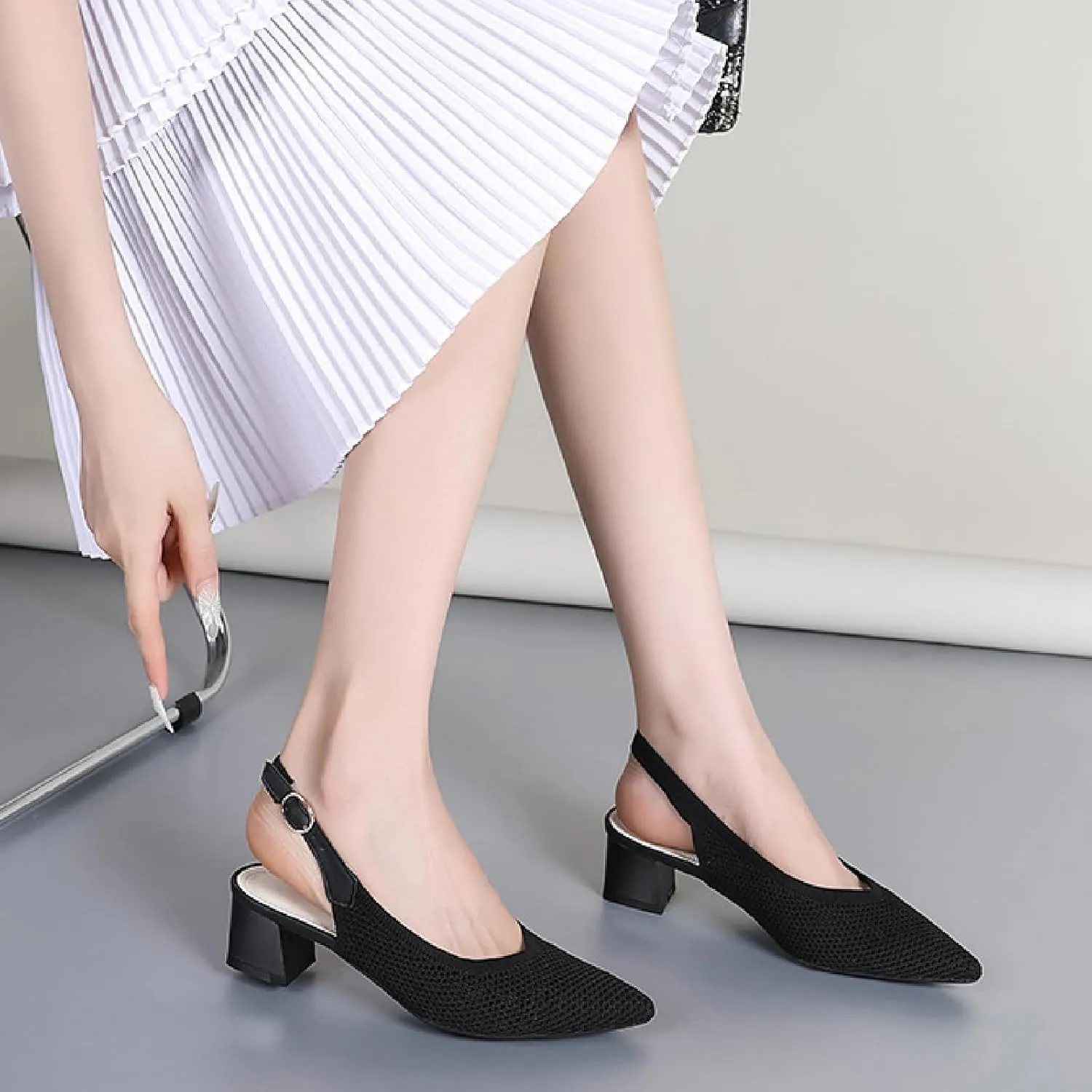 Women's Knit Mesh Slingback Heels Pumps with Adjust Ankle Strap Fashion Closed Pointed Toe Comfortable Chunky Heel Mules Sandals Work Office Wedding Dressy Shoes