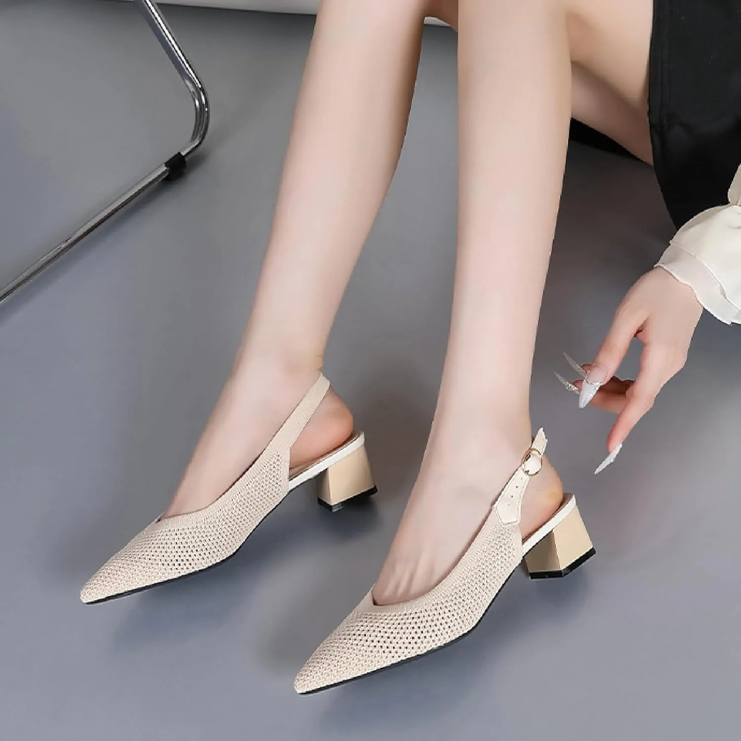 Women's Knit Mesh Slingback Heels Pumps with Adjust Ankle Strap Fashion Closed Pointed Toe Comfortable Chunky Heel Mules Sandals Work Office Wedding Dressy Shoes
