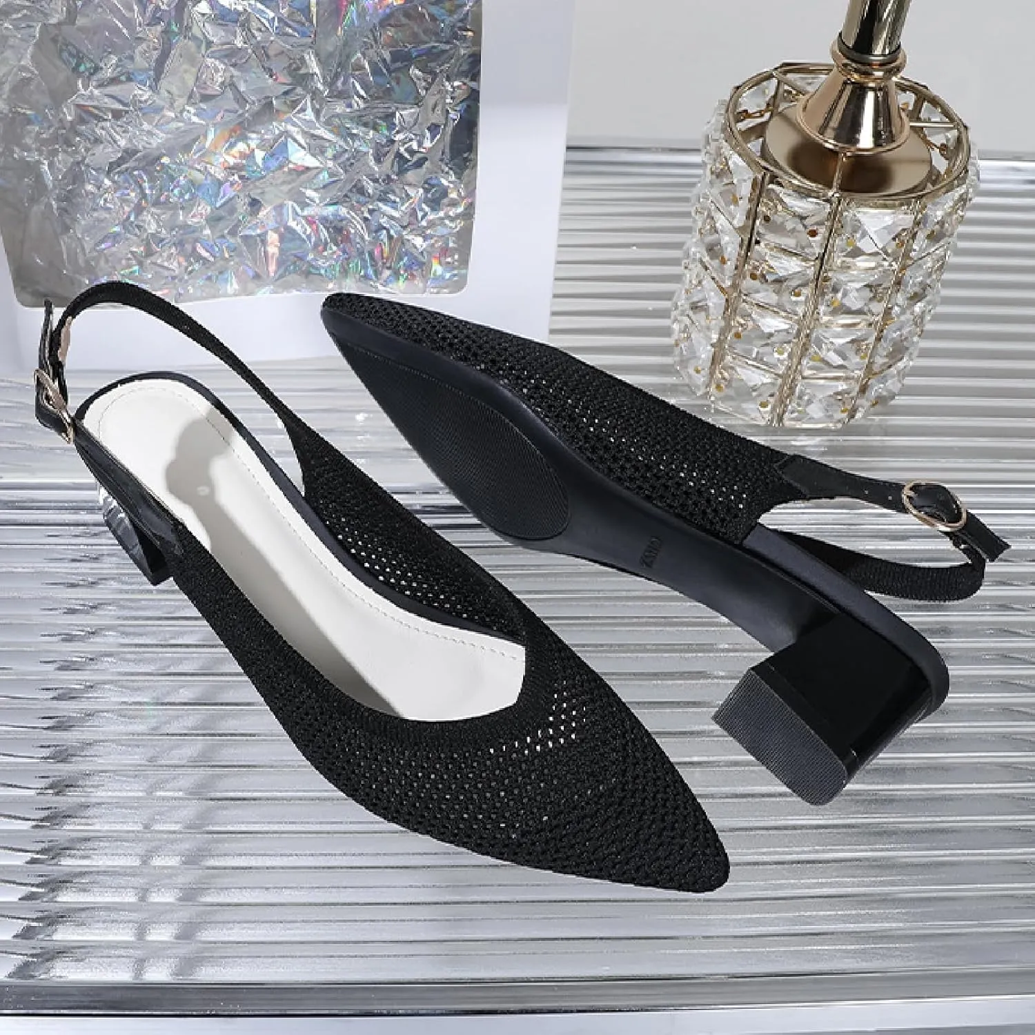 Women's Knit Mesh Slingback Heels Pumps with Adjust Ankle Strap Fashion Closed Pointed Toe Comfortable Chunky Heel Mules Sandals Work Office Wedding Dressy Shoes