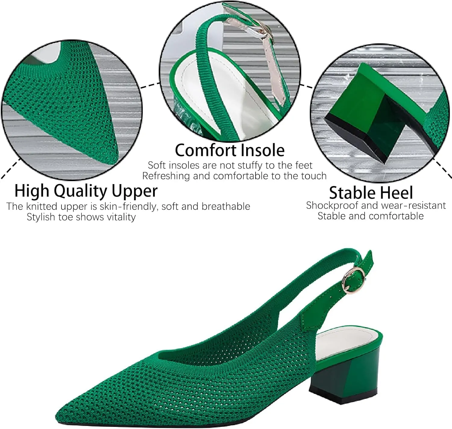 Women's Knit Mesh Slingback Heels Pumps with Adjust Ankle Strap Fashion Closed Pointed Toe Comfortable Chunky Heel Mules Sandals Work Office Wedding Dressy Shoes