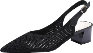 Women's Knit Mesh Slingback Heels Pumps with Adjust Ankle Strap Fashion Closed Pointed Toe Comfortable Chunky Heel Mules Sandals Work Office Wedding Dressy Shoes