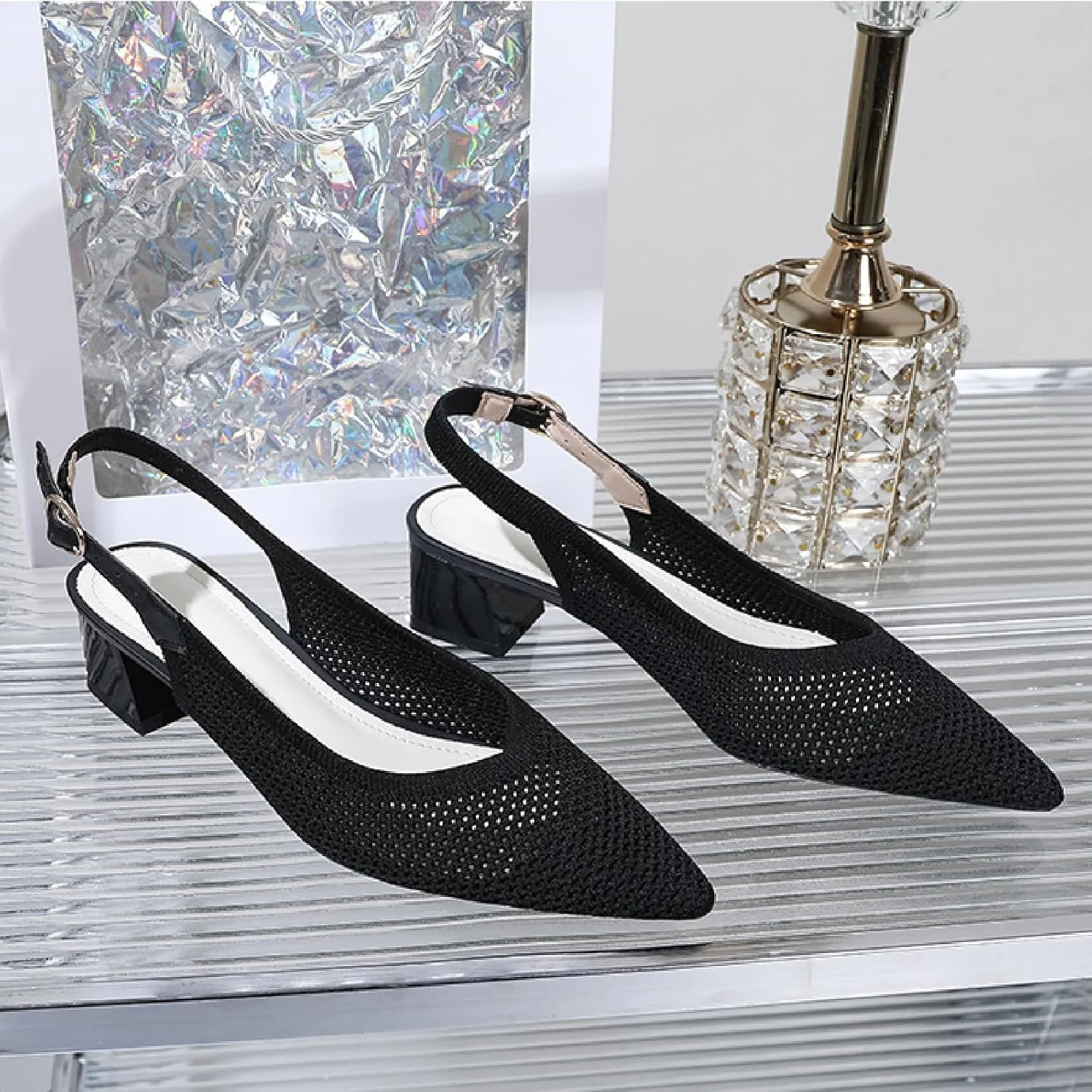 Women's Knit Mesh Slingback Heels Pumps with Adjust Ankle Strap Fashion Closed Pointed Toe Comfortable Chunky Heel Mules Sandals Work Office Wedding Dressy Shoes