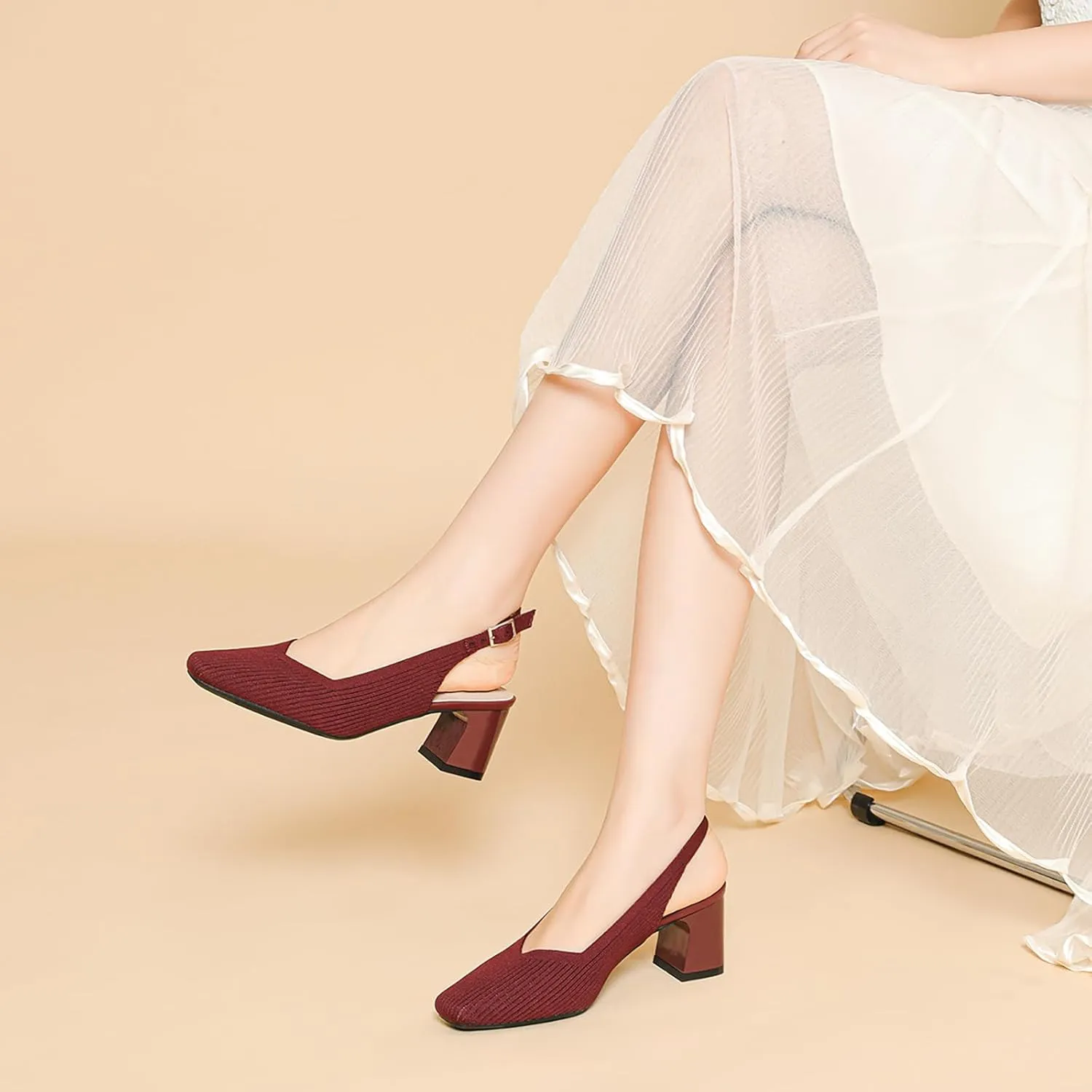 Women's Knit Slingback Heels Pumps with Adjust Ankle Strap Fashion Breathable Closed Square Toe Chunky Heel Mules Sandals Work Office Wedding Dressy Shoes