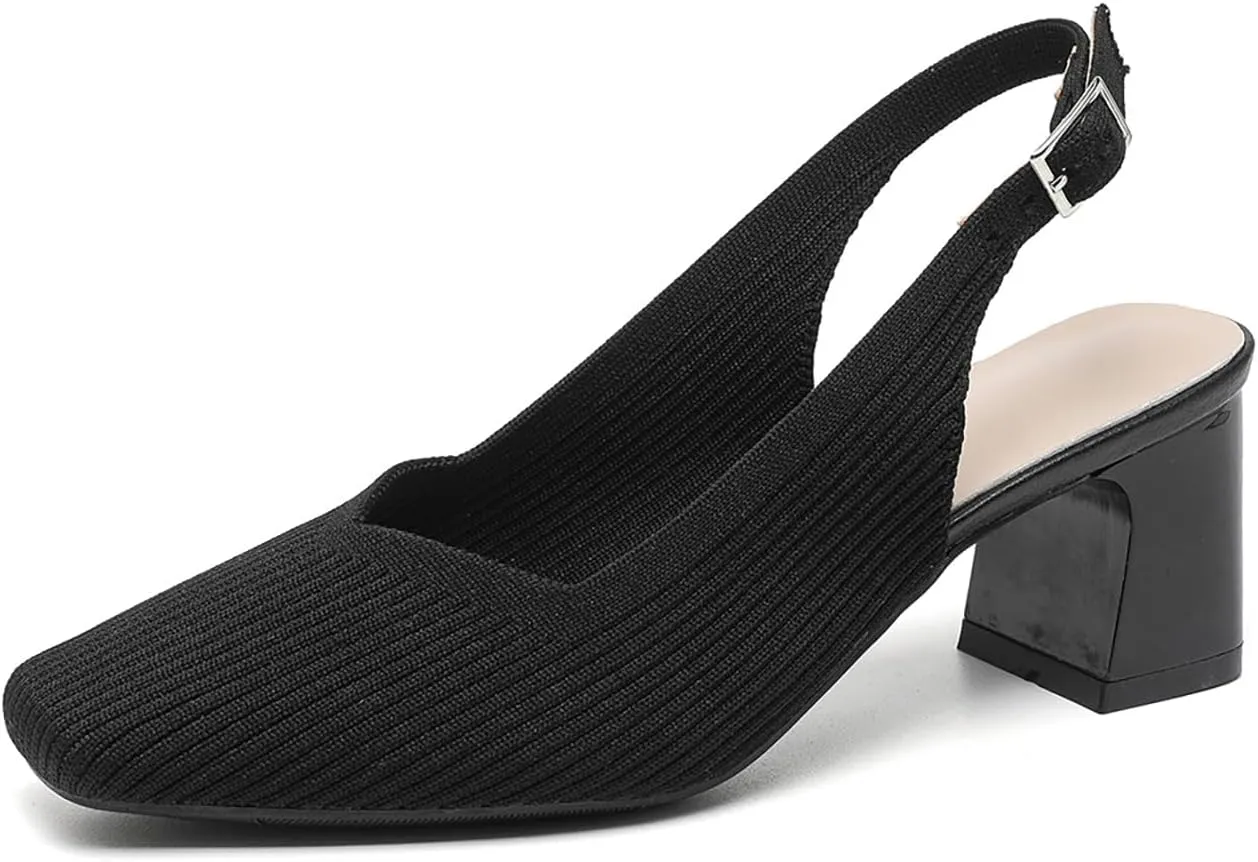 Women's Knit Slingback Heels Pumps with Adjust Ankle Strap Fashion Breathable Closed Square Toe Chunky Heel Mules Sandals Work Office Wedding Dressy Shoes