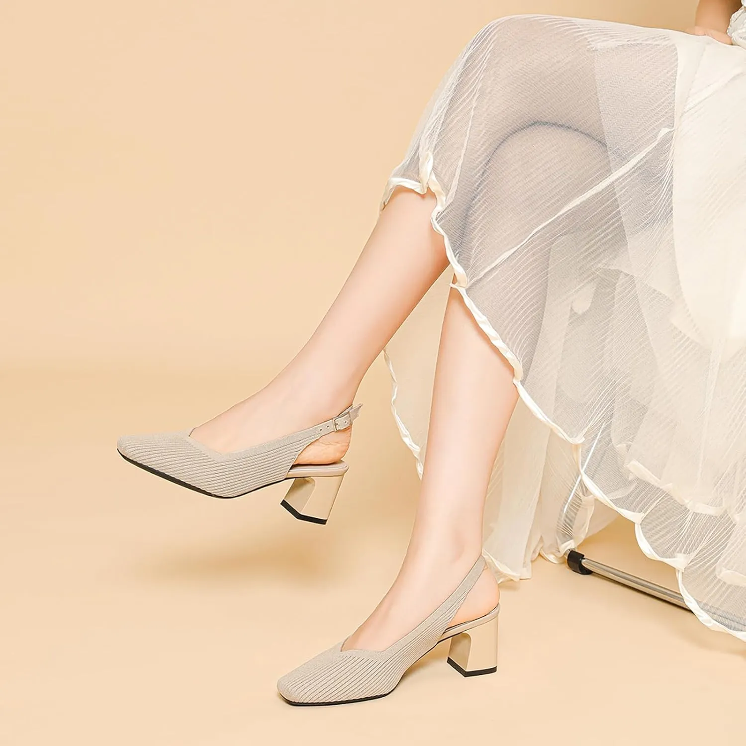 Women's Knit Slingback Heels Pumps with Adjust Ankle Strap Fashion Breathable Closed Square Toe Chunky Heel Mules Sandals Work Office Wedding Dressy Shoes