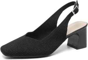 Women's Knit Slingback Heels Pumps with Adjust Ankle Strap Fashion Breathable Closed Square Toe Chunky Heel Mules Sandals Work Office Wedding Dressy Shoes