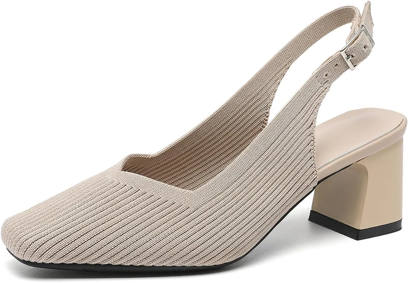 Women's Knit Slingback Heels Pumps with Adjust Ankle Strap Fashion Breathable Closed Square Toe Chunky Heel Mules Sandals Work Office Wedding Dressy Shoes