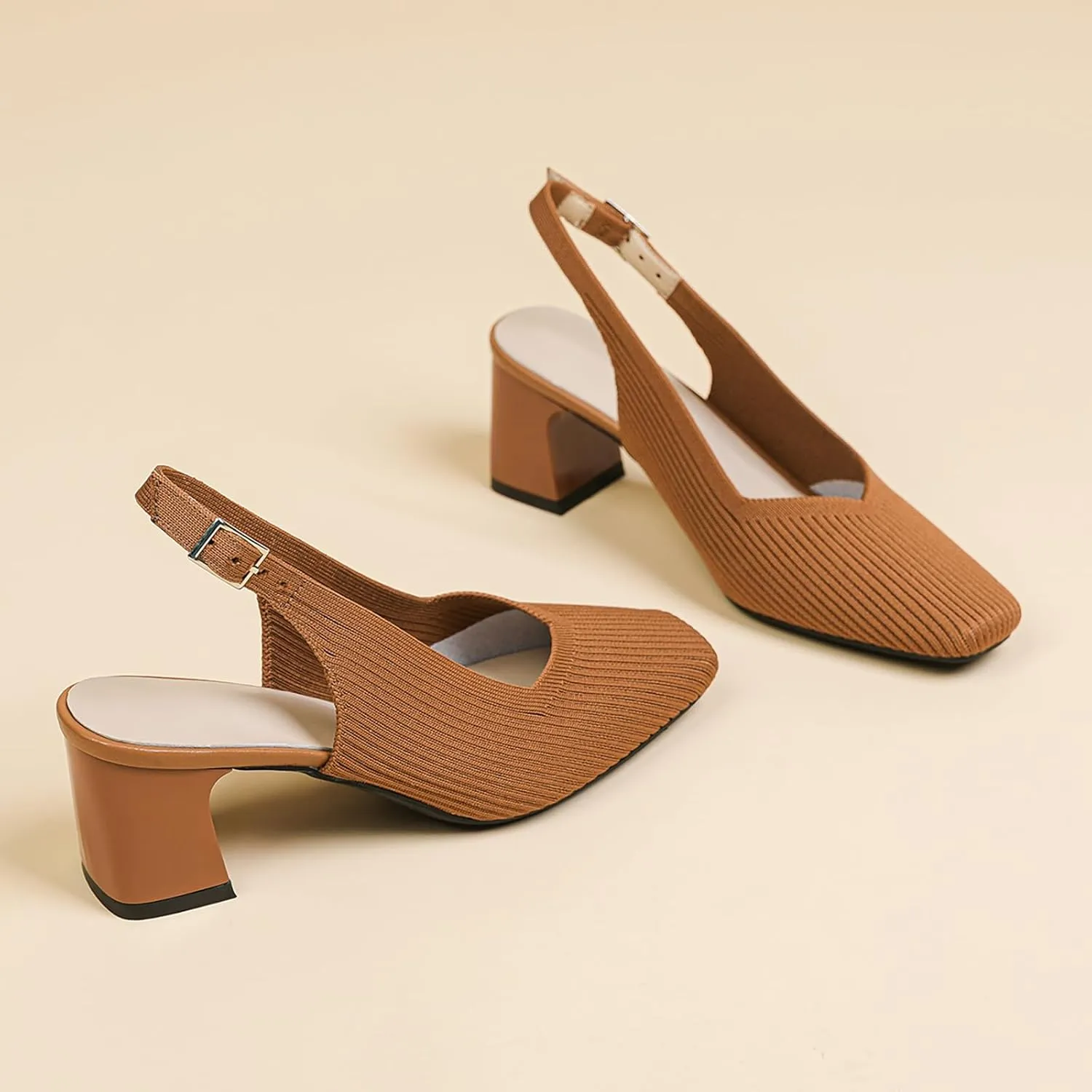 Women's Knit Slingback Heels Pumps with Adjust Ankle Strap Fashion Breathable Closed Square Toe Chunky Heel Mules Sandals Work Office Wedding Dressy Shoes