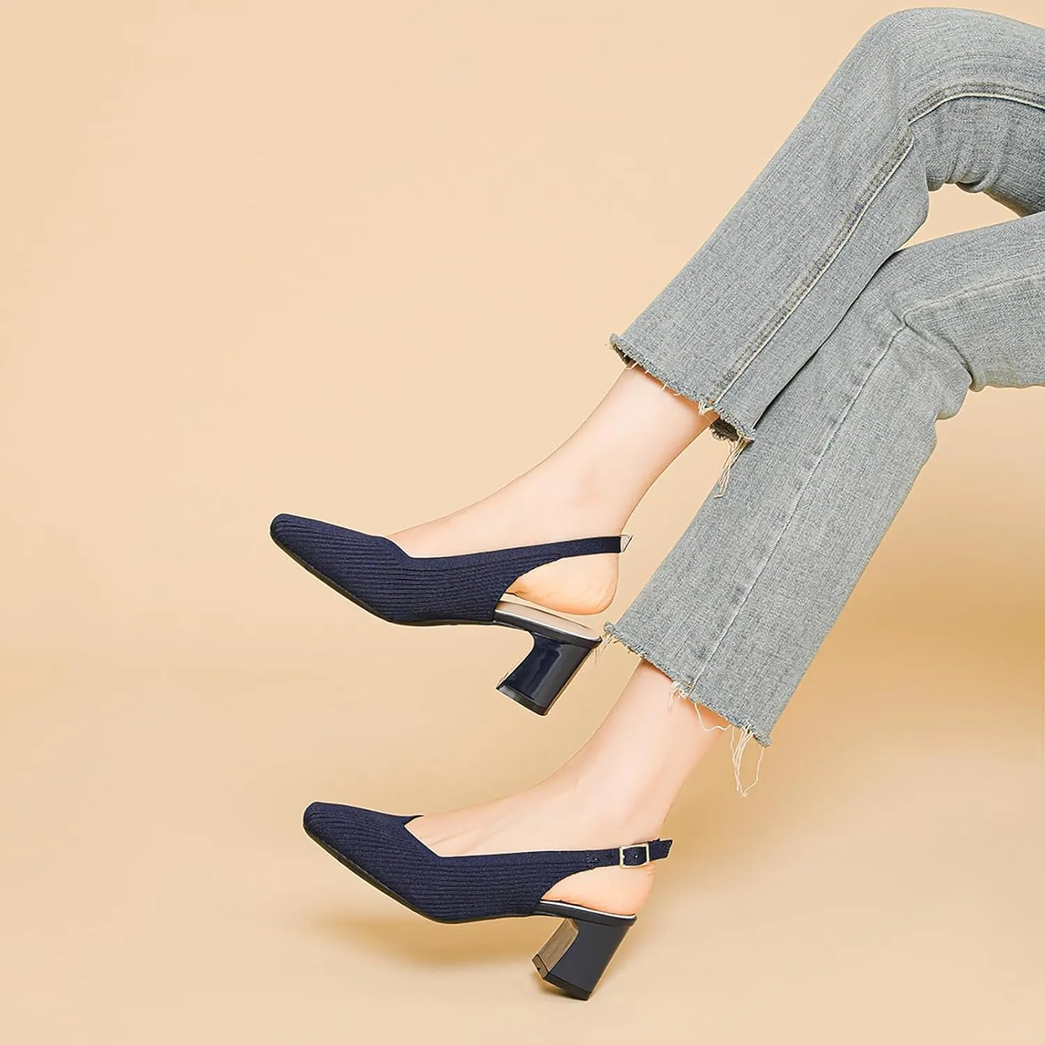 Women's Knit Slingback Heels Pumps with Adjust Ankle Strap Fashion Breathable Closed Square Toe Chunky Heel Mules Sandals Work Office Wedding Dressy Shoes