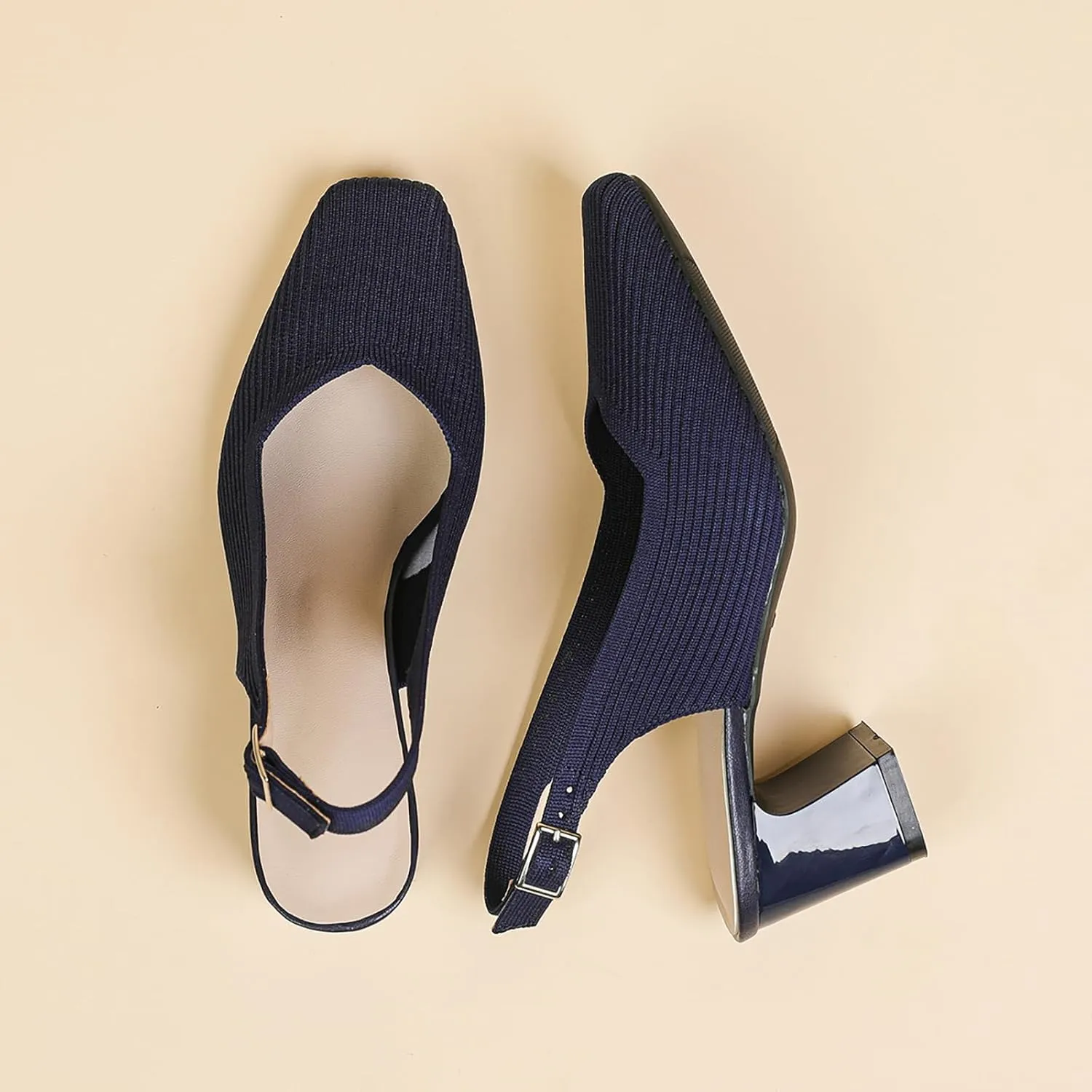 Women's Knit Slingback Heels Pumps with Adjust Ankle Strap Fashion Breathable Closed Square Toe Chunky Heel Mules Sandals Work Office Wedding Dressy Shoes