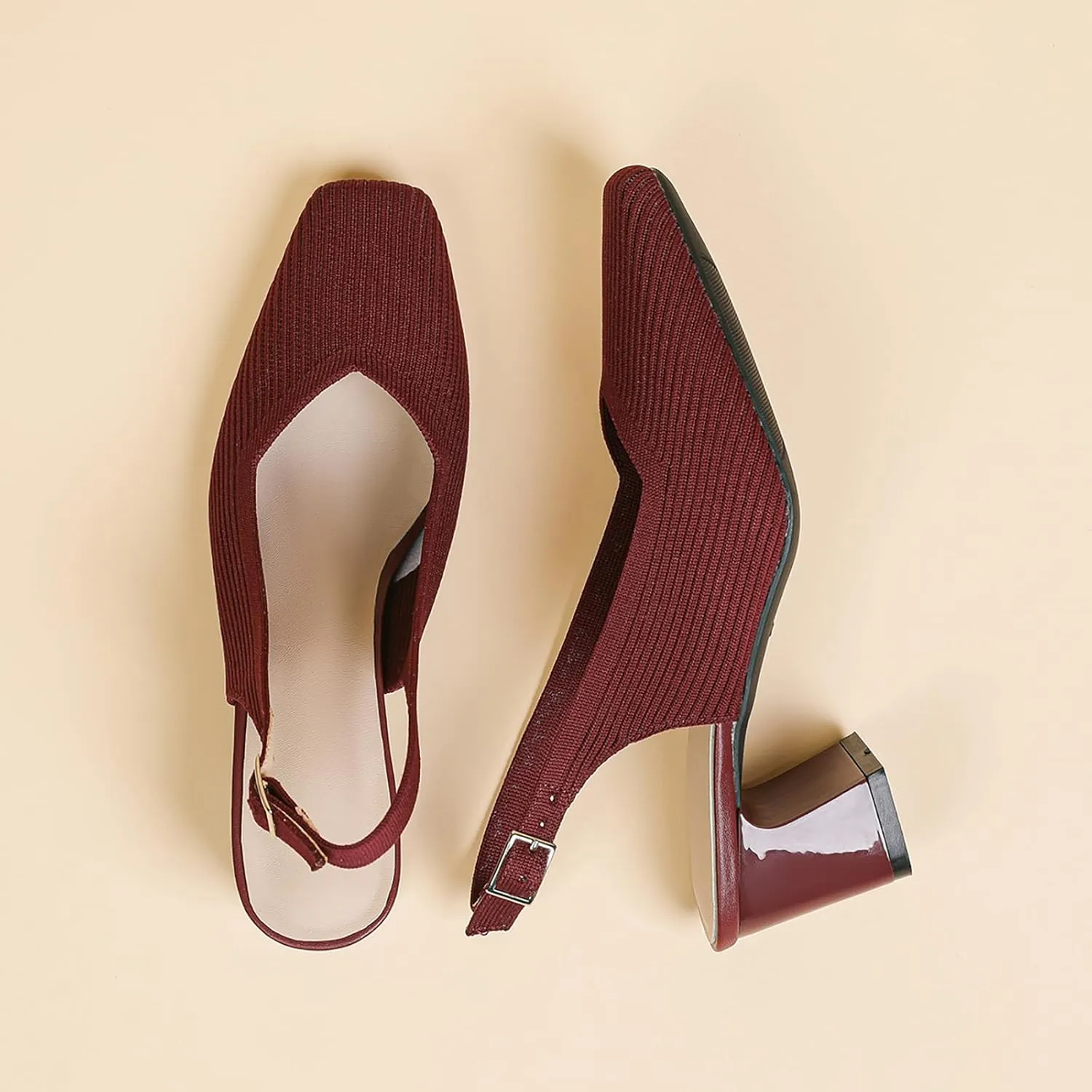 Women's Knit Slingback Heels Pumps with Adjust Ankle Strap Fashion Breathable Closed Square Toe Chunky Heel Mules Sandals Work Office Wedding Dressy Shoes