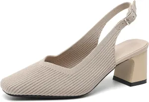 Women's Knit Slingback Heels Pumps with Adjust Ankle Strap Fashion Breathable Closed Square Toe Chunky Heel Mules Sandals Work Office Wedding Dressy Shoes